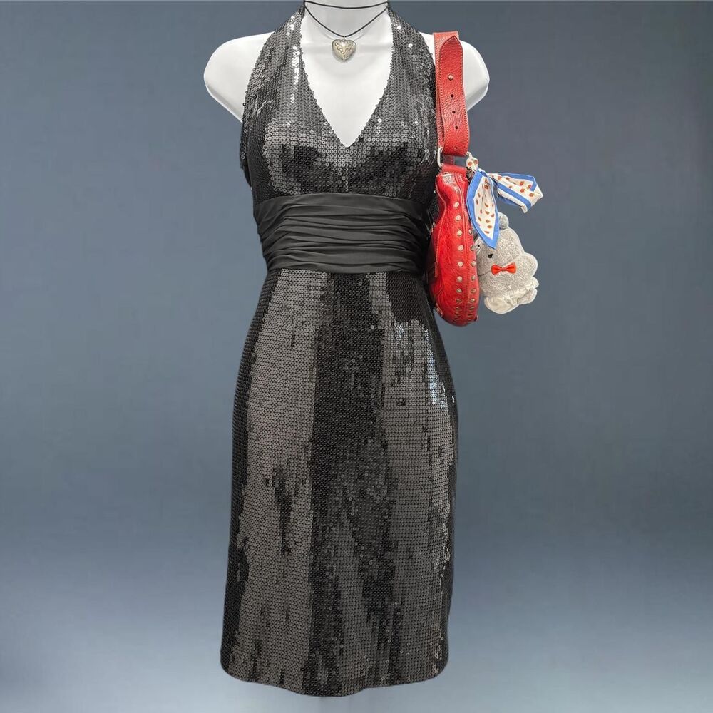 Y2K Black Sequin Halter Midi Dress Dusk by Sheila Yen Glam Party Size 6
